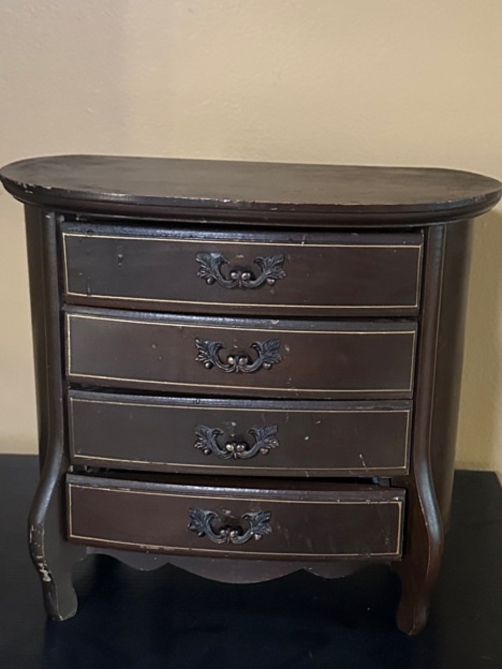 Small Brown Wooden 4-Drawer Jewelry Chest Blue Velvet Lined Drawer Musical Works